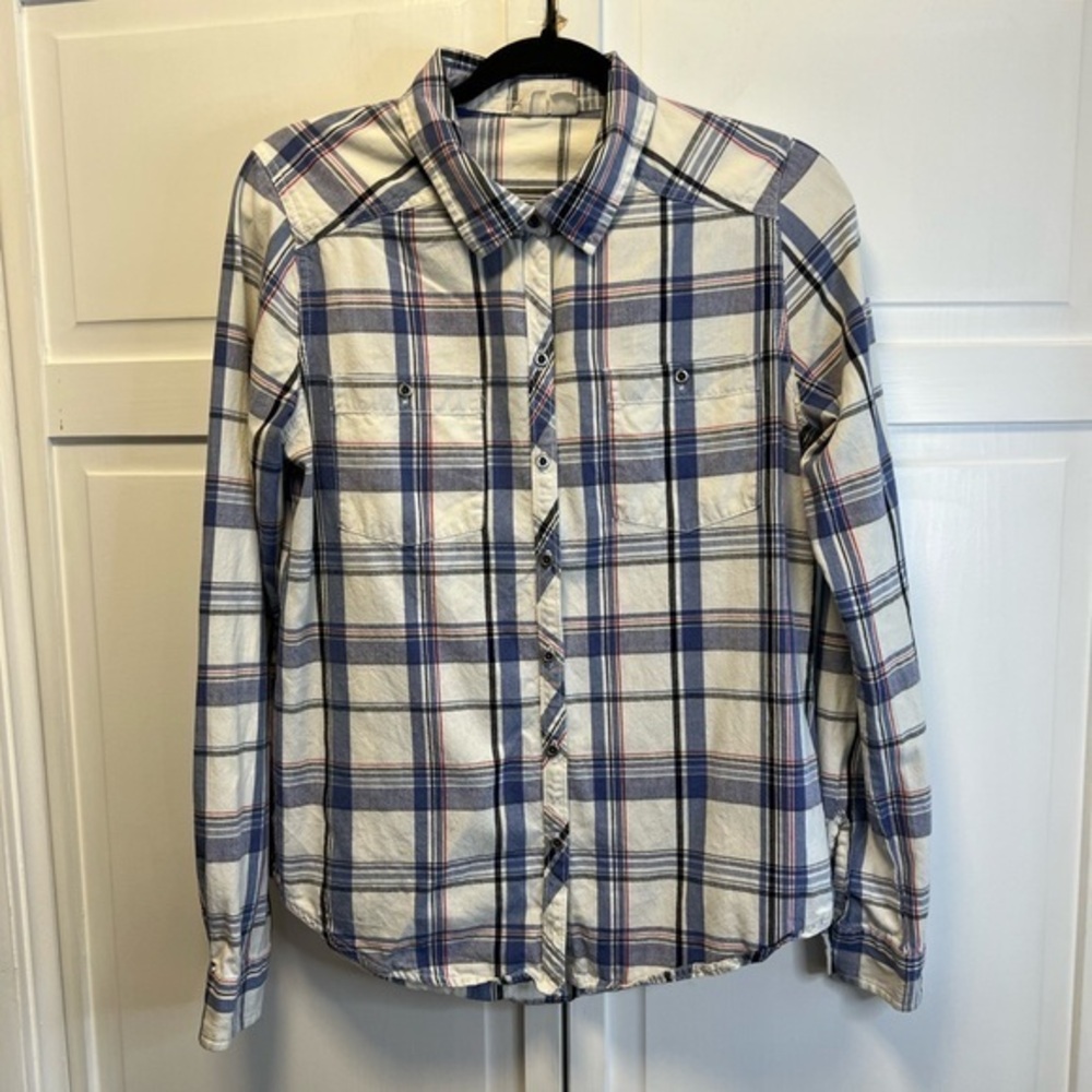 Roxy Blue,White,Red And Black Plaid Long Sleeve Button Down Shirt Size Medium